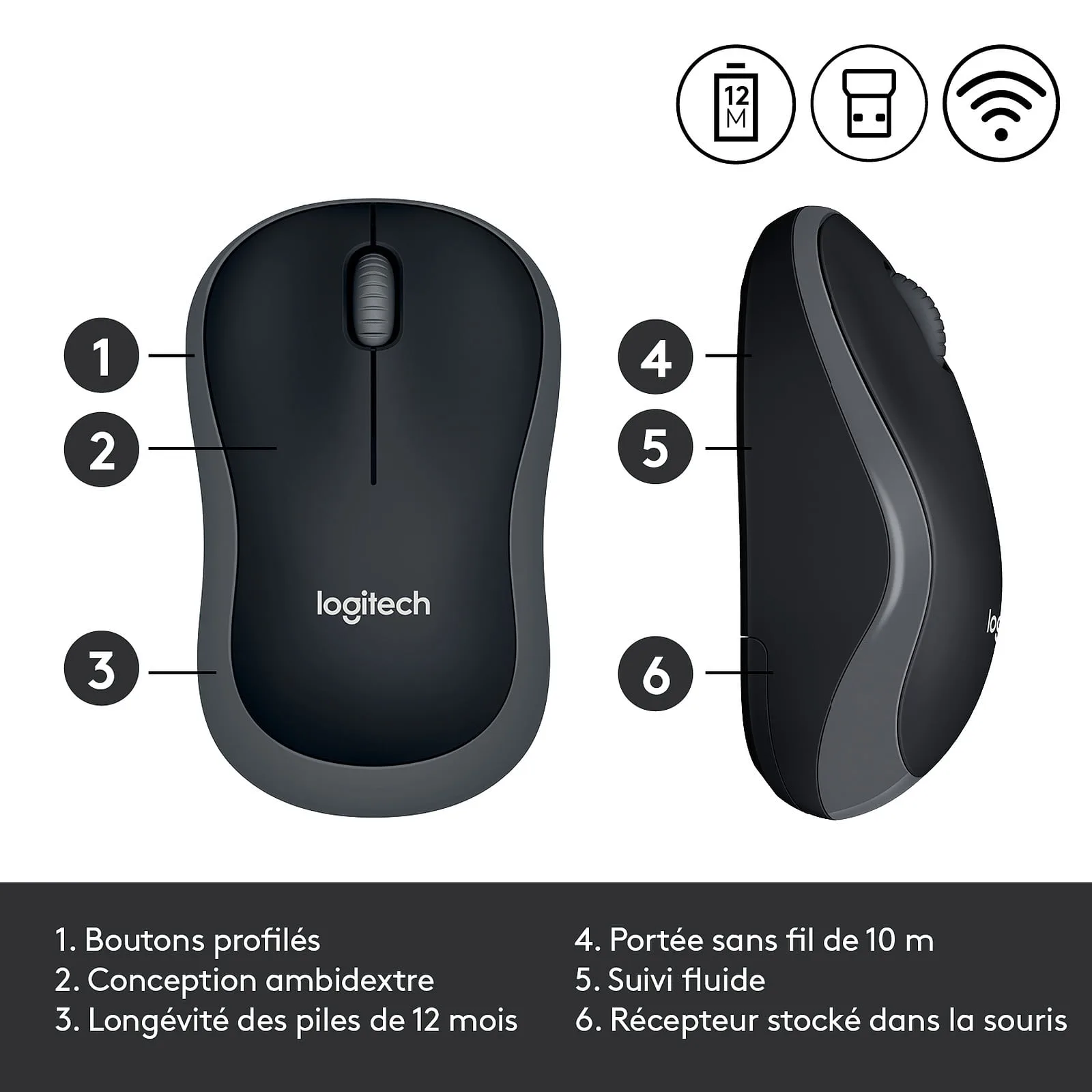 Souris Logitech Wireless M185 (Gris) - Vue 2